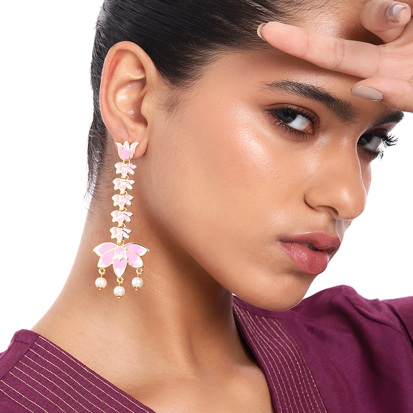 Estele Gold Plated Pink Enamelled Lotus Designer Pearl Drop & Dangler Earrings for Girl's & Women