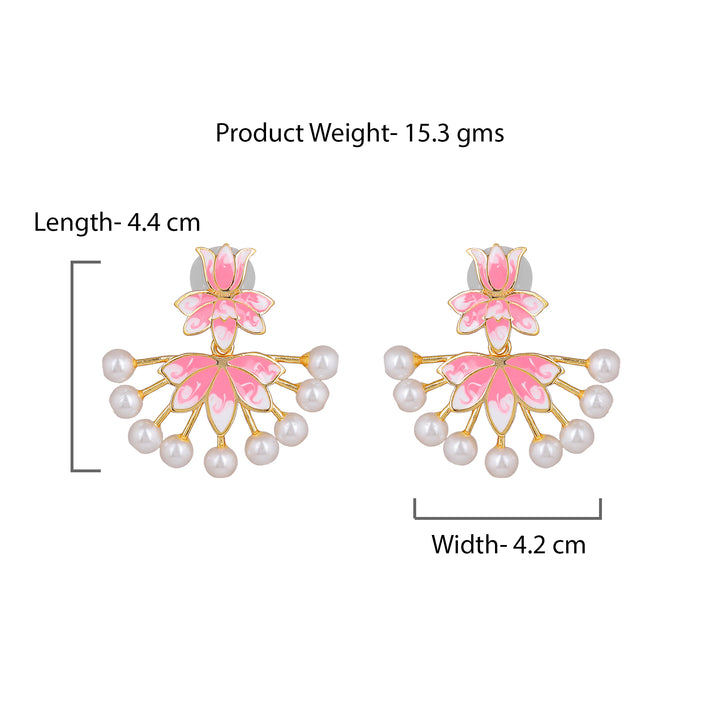 Estele Gold Plated Lotus Designer Pearl Drop Earrings with Pink Enamel for Girl's & Women