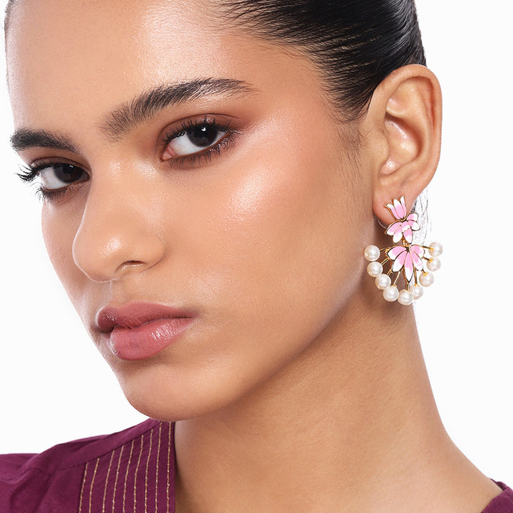 Estele Gold Plated Lotus Designer Pearl Drop Earrings with Pink Enamel for Girl's & Women