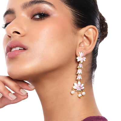Estele Gold Plated Pink Enamelled Lotus Designer Splendid Pearl Drop & Dangler Earrings for Girl's & Women