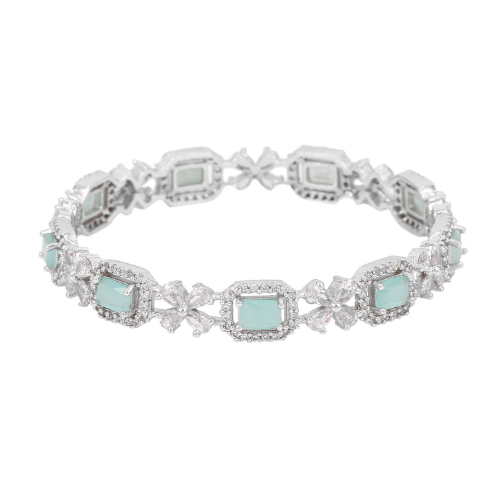 Estele Rhodium Plated CZ Floral  Designer Bangles with Mint Green Stones for Women