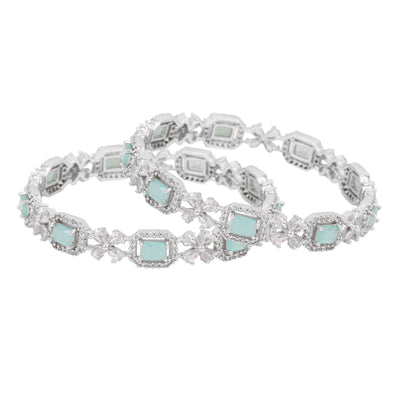 Estele Rhodium Plated CZ Floral  Designer Bangles with Mint Green Stones for Women
