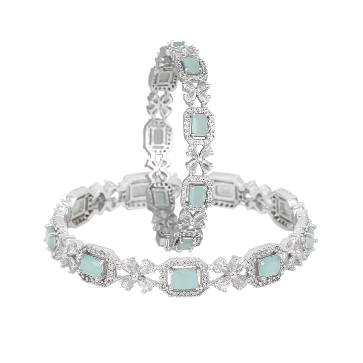 Estele Rhodium Plated CZ Floral  Designer Bangles with Mint Green Stones for Women