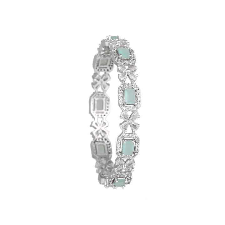 Estele Rhodium Plated CZ Floral  Designer Bangles with Mint Green Stones for Women