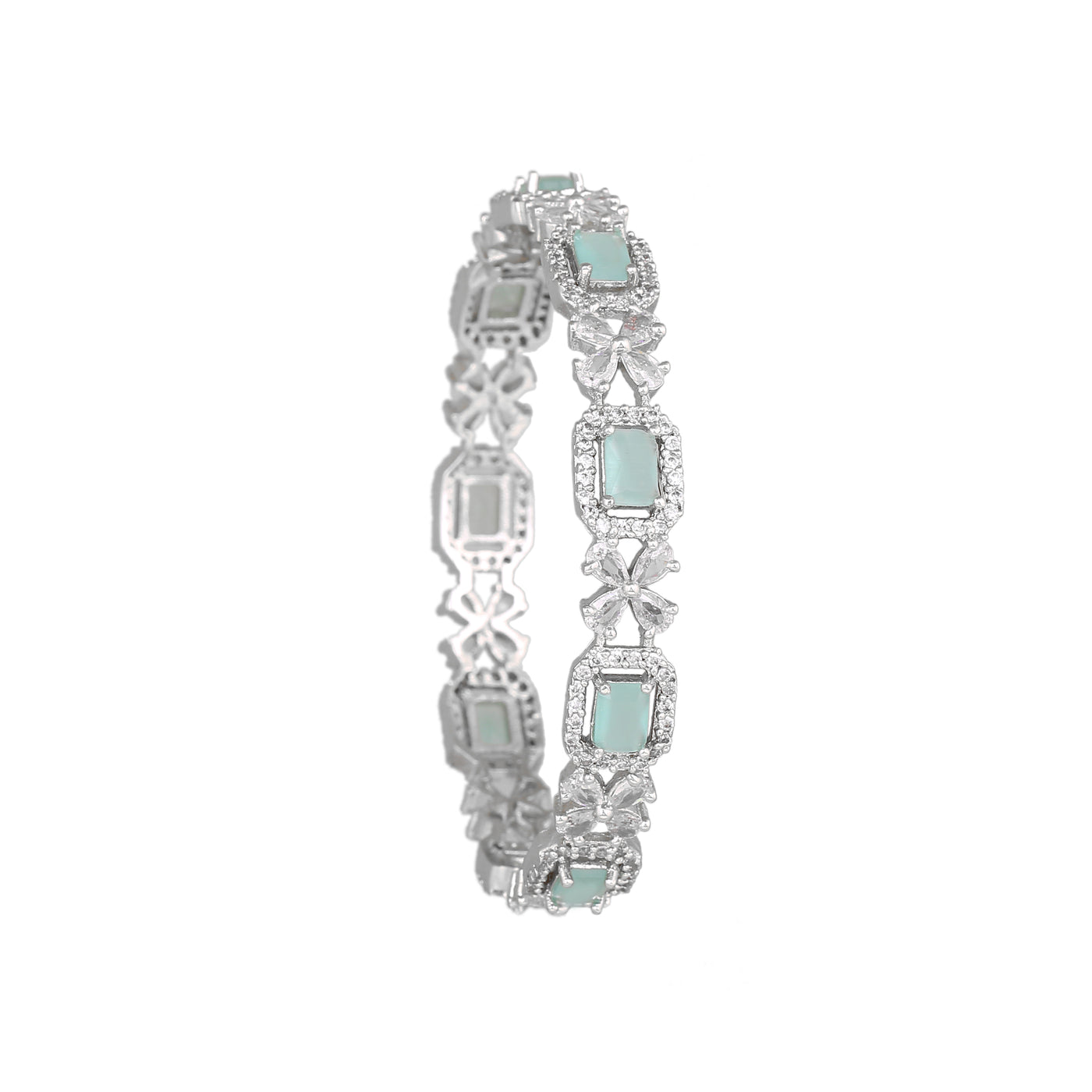 Estele Rhodium Plated CZ Floral  Designer Bangles with Mint Green Stones for Women