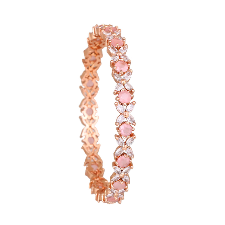 Estele Rose Gold Plated CZ Flower Designer Bangles with Mint Pink Stones for Women