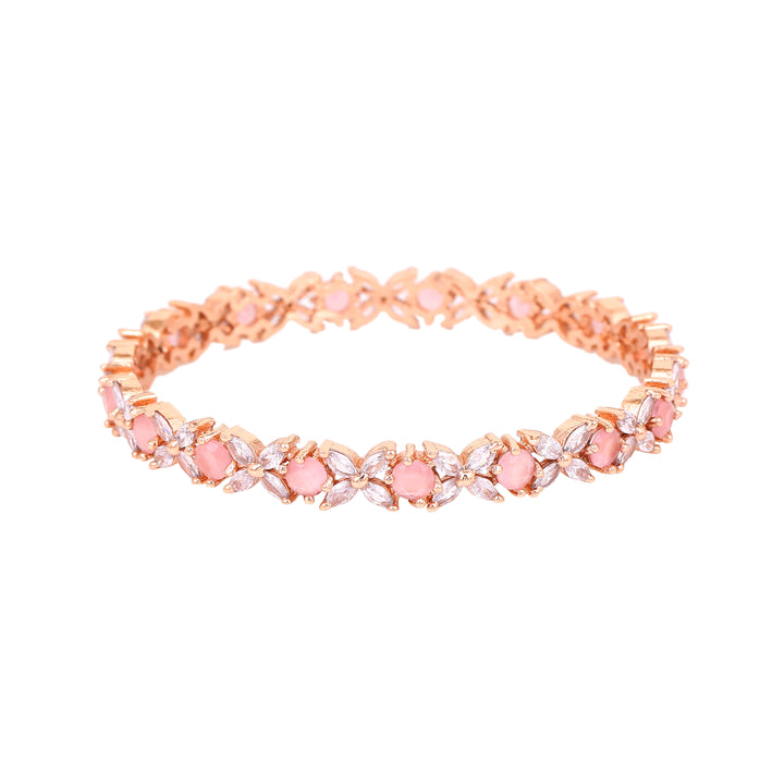 Estele Rose Gold Plated CZ Flower Designer Bangles with Mint Pink Stones for Women