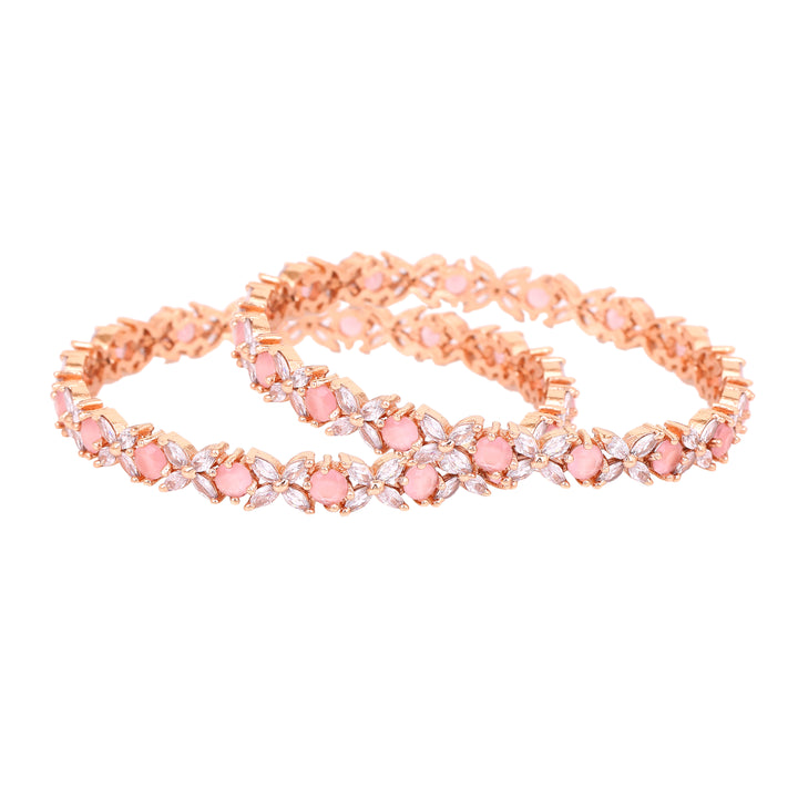 Estele Rose Gold Plated CZ Flower Designer Bangles with Mint Pink Stones for Women
