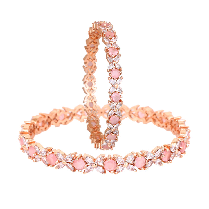 Estele Rose Gold Plated CZ Flower Designer Bangles with Mint Pink Stones for Women
