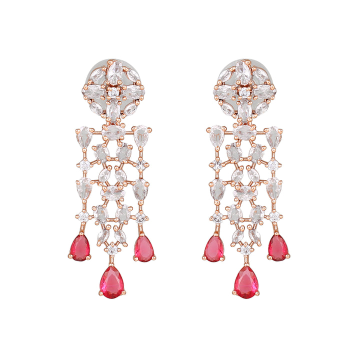 Estele Rose Gold Plated CZ Shimmery Trickle Designer Earrings with Tourmaline Pink Stones for Women