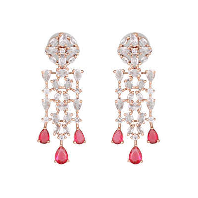 Estele Rose Gold Plated CZ Shimmery Trickle Designer Earrings with Tourmaline Pink Stones for Women