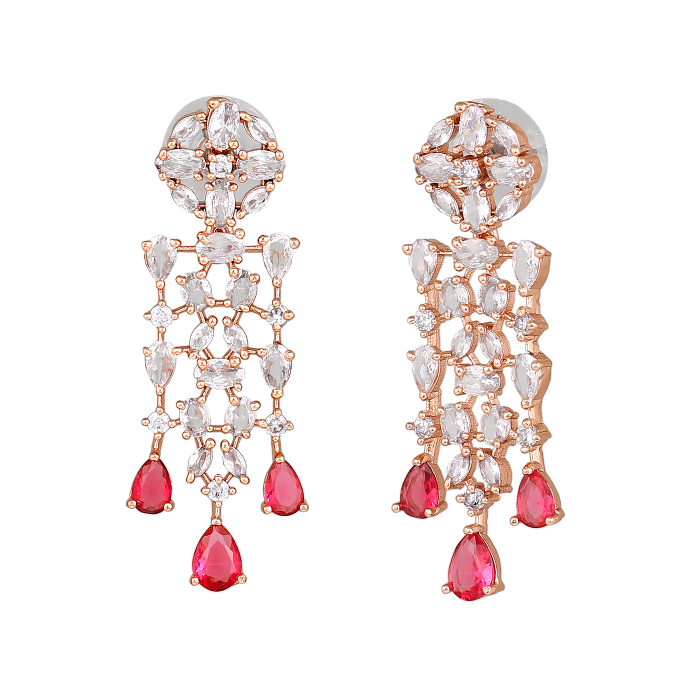 Estele Rose Gold Plated CZ Shimmery Trickle Designer Earrings with Tourmaline Pink Stones for Women