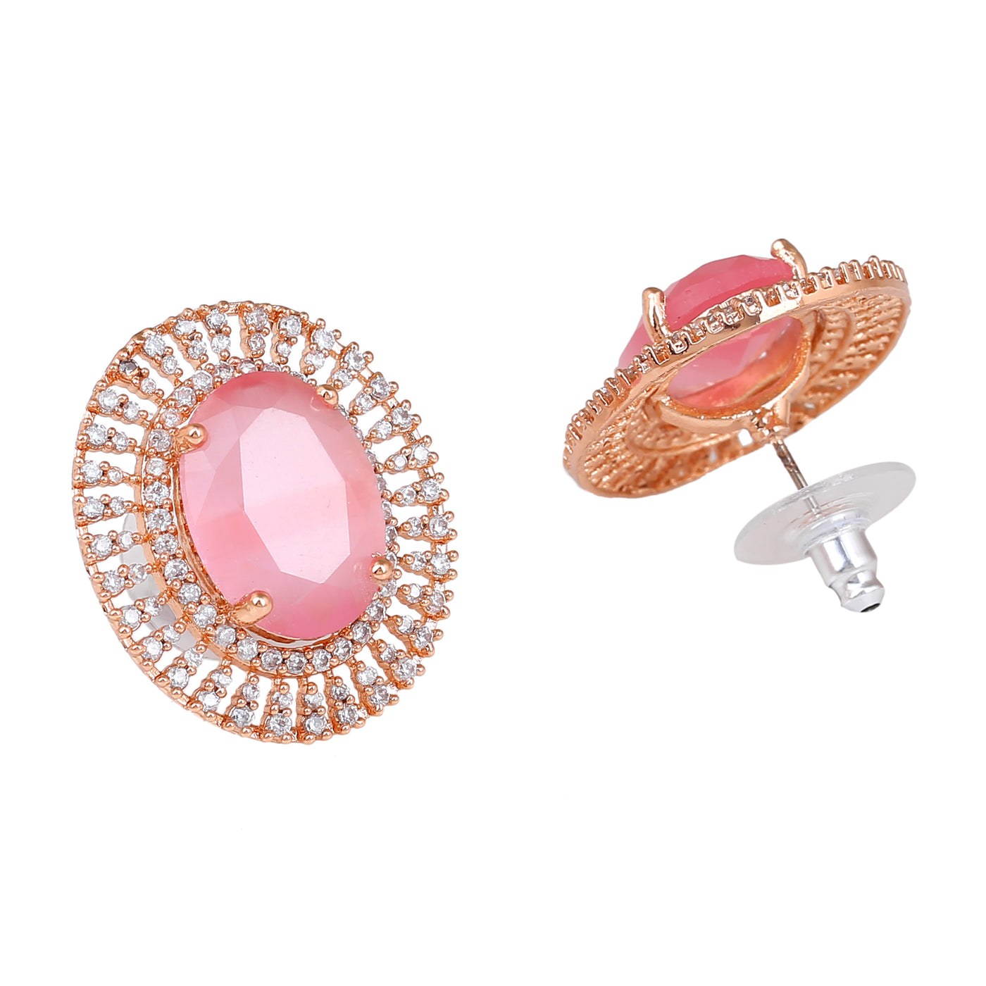 Estele Rose Gold Plated CZ Circular Designer Stud Earrings with Mint Pink Stones for Women