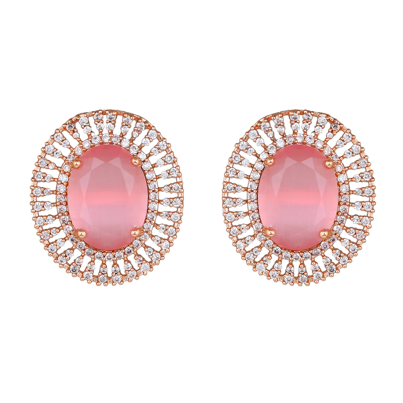 Estele Rose Gold Plated CZ Circular Designer Stud Earrings with Mint Pink Stones for Women