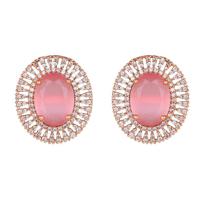 Estele Rose Gold Plated CZ Circular Designer Stud Earrings with Mint Pink Stones for Women