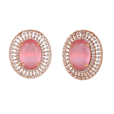 Estele Rose Gold Plated CZ Circular Designer Stud Earrings with Mint Pink Stones for Women