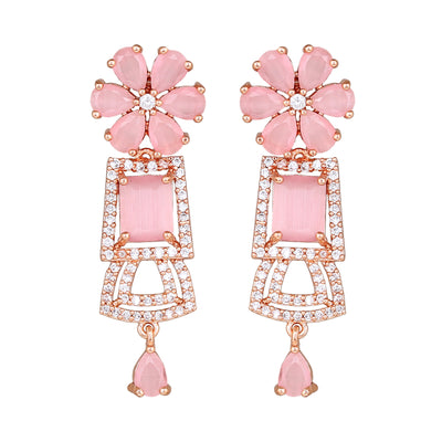 Estele Rose Gold Plated CZ Glimmering Earrings with Mint Pink Stones for Women