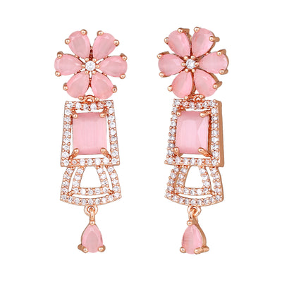 Estele Rose Gold Plated CZ Glimmering Earrings with Mint Pink Stones for Women