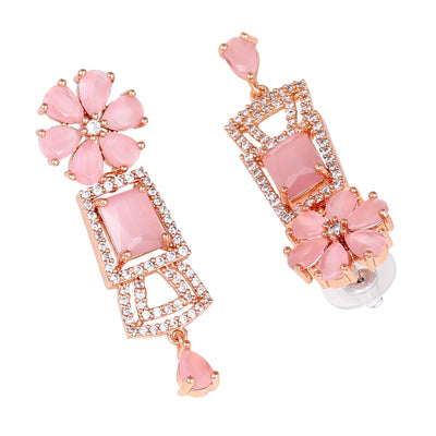 Estele Rose Gold Plated CZ Glimmering Earrings with Mint Pink Stones for Women