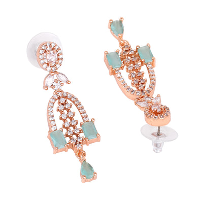 Estele Rose Gold Plated CZ Falling Star Designer Earrings with Mint Green Stones for Women