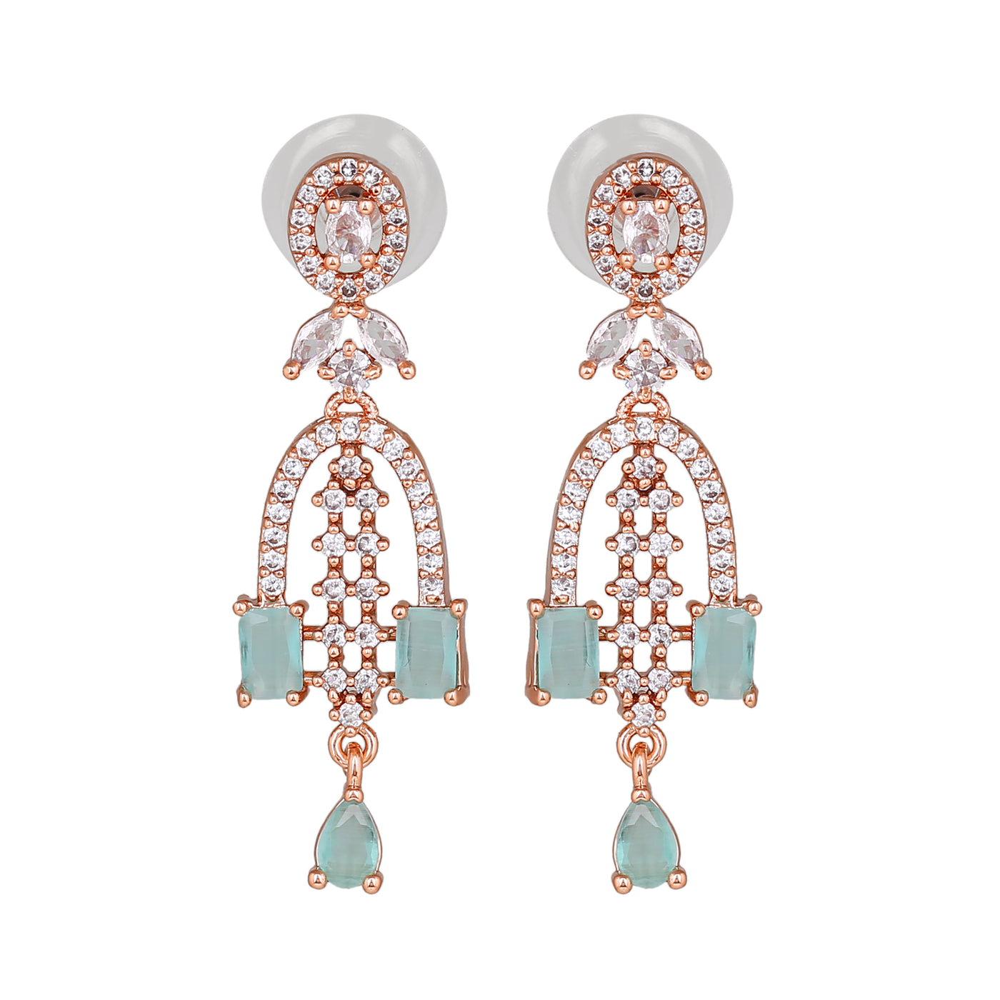 Estele Rose Gold Plated CZ Falling Star Designer Earrings with Mint Green Stones for Women