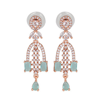 Estele Rose Gold Plated CZ Falling Star Designer Earrings with Mint Green Stones for Women