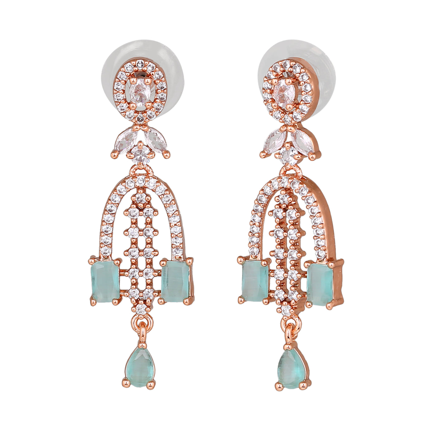 Estele Rose Gold Plated CZ Falling Star Designer Earrings with Mint Green Stones for Women