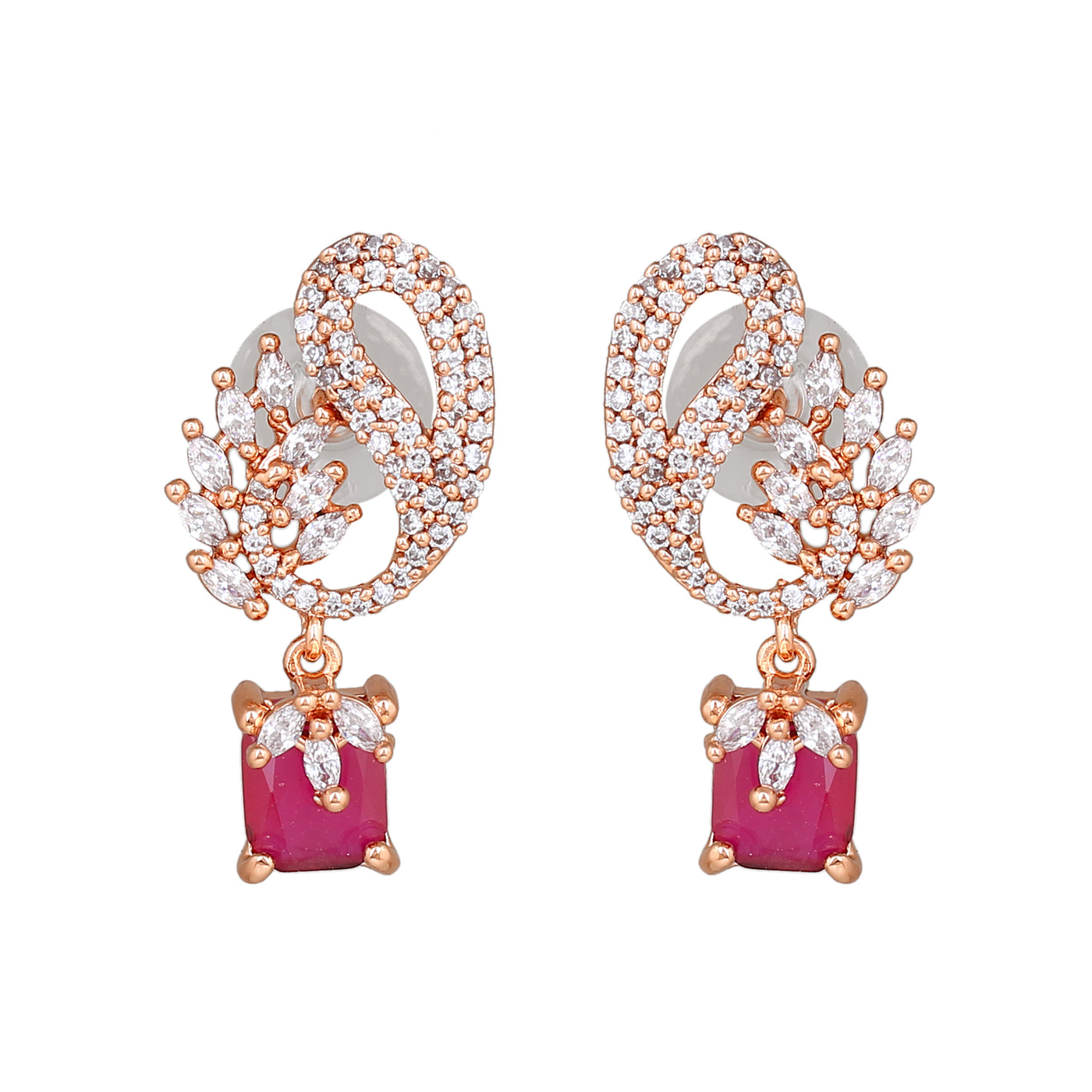 Estele Rose Gold Plated CZ Peacock Designer Earrings with Ruby Stones for Women