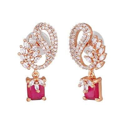 Estele Rose Gold Plated CZ Peacock Designer Earrings with Ruby Stones for Women