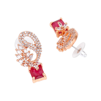 Estele Rose Gold Plated CZ Peacock Designer Earrings with Ruby Stones for Women