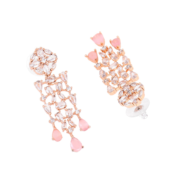 Estele Rose Gold Plated CZ Shimmery Trickle Designer Earrings with Mint Pink Stones for Women