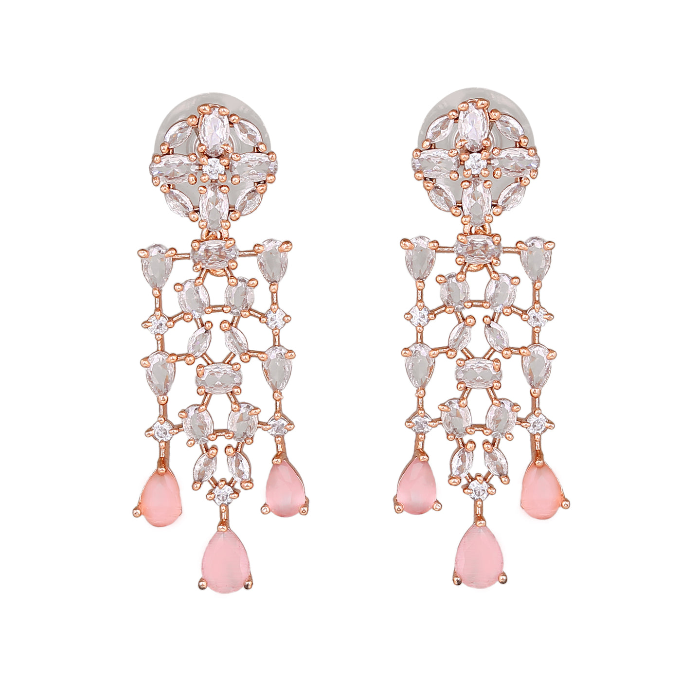 Estele Rose Gold Plated CZ Shimmery Trickle Designer Earrings with Mint Pink Stones for Women