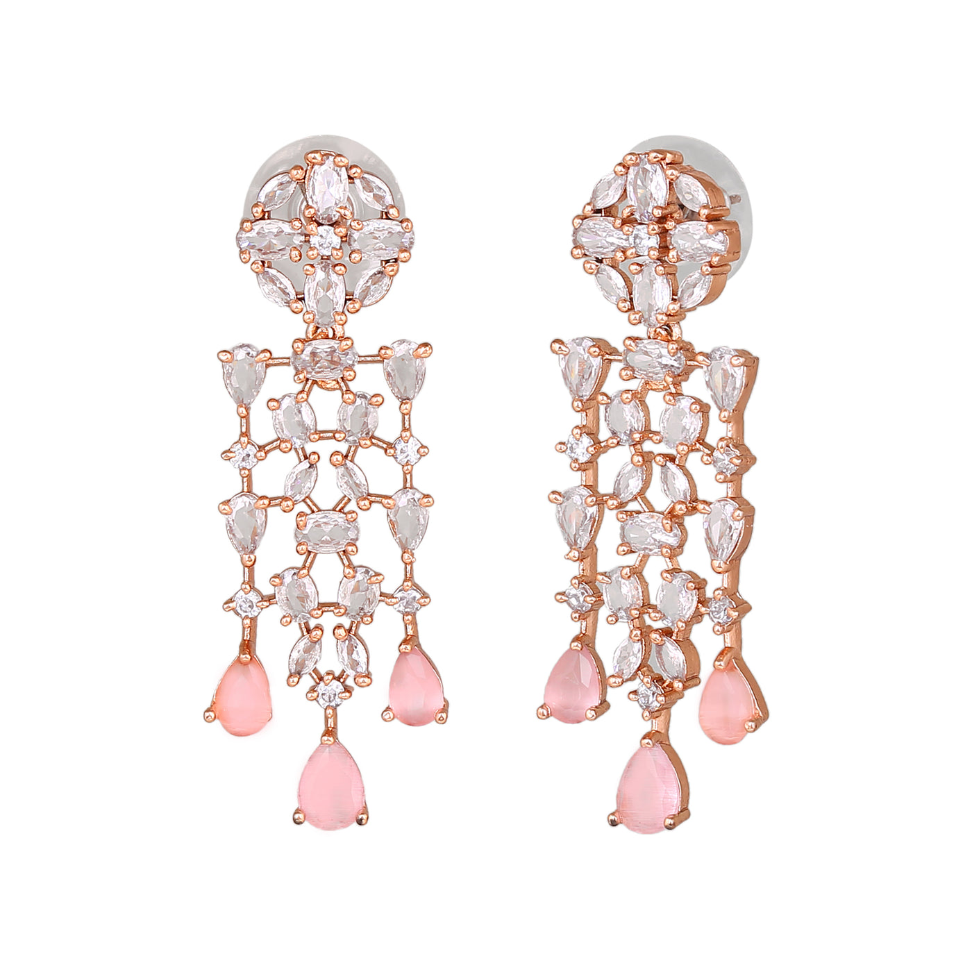 Estele Rose Gold Plated CZ Shimmery Trickle Designer Earrings with Mint Pink Stones for Women