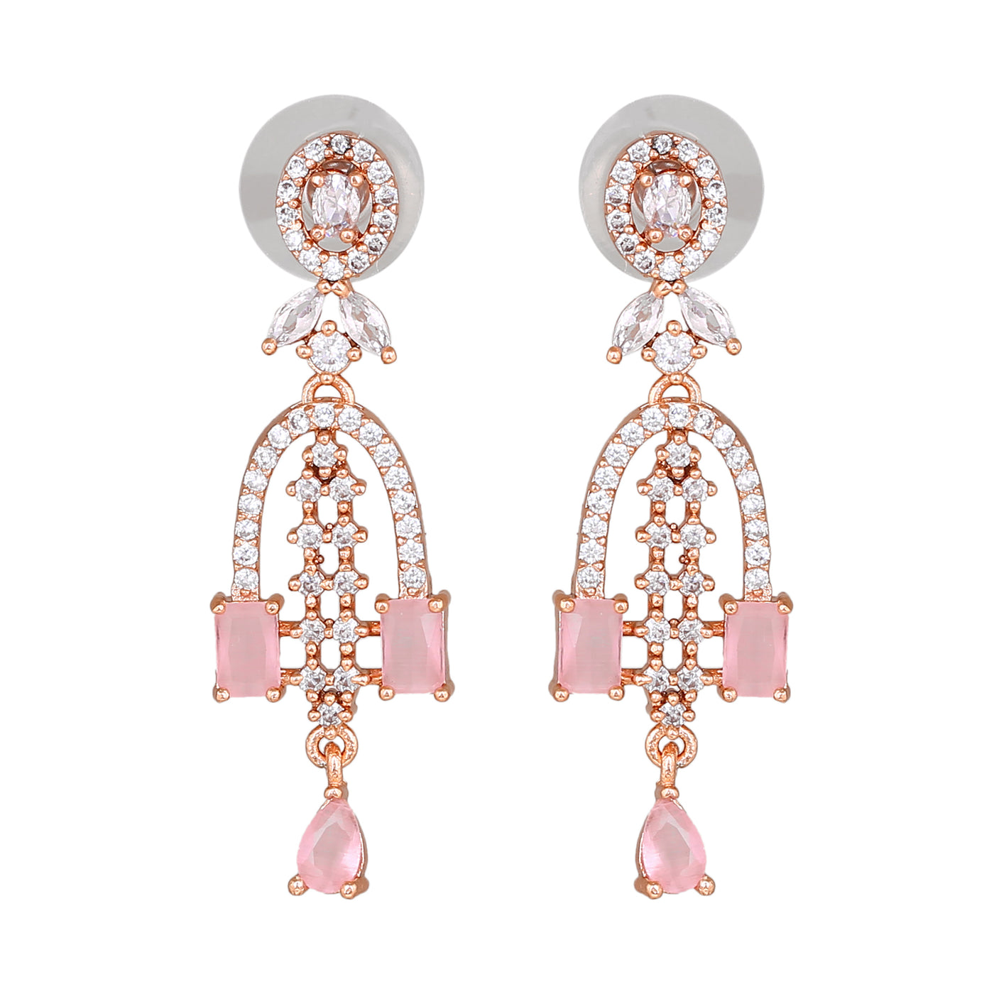 Estele Rose Gold Plated CZ Falling Star Designer Earrings with Mint Pink Stones for Women