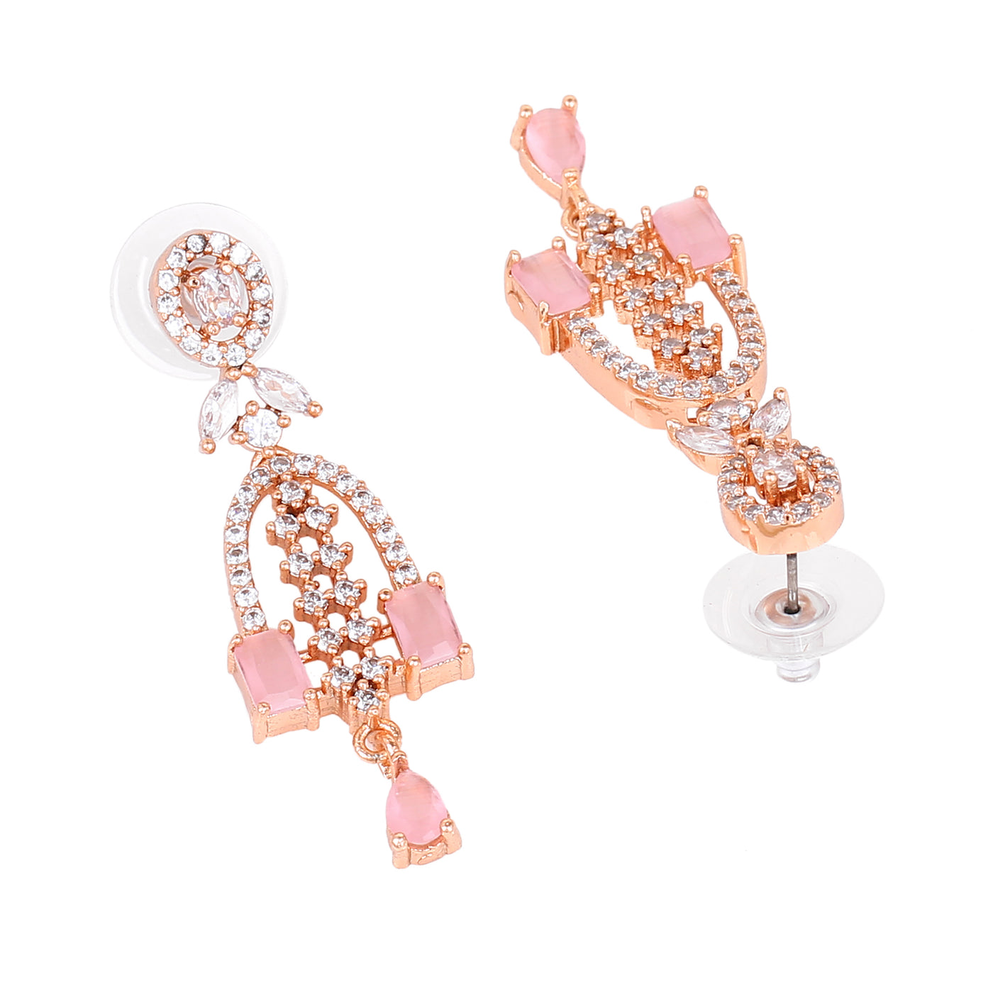 Estele Rose Gold Plated CZ Falling Star Designer Earrings with Mint Pink Stones for Women