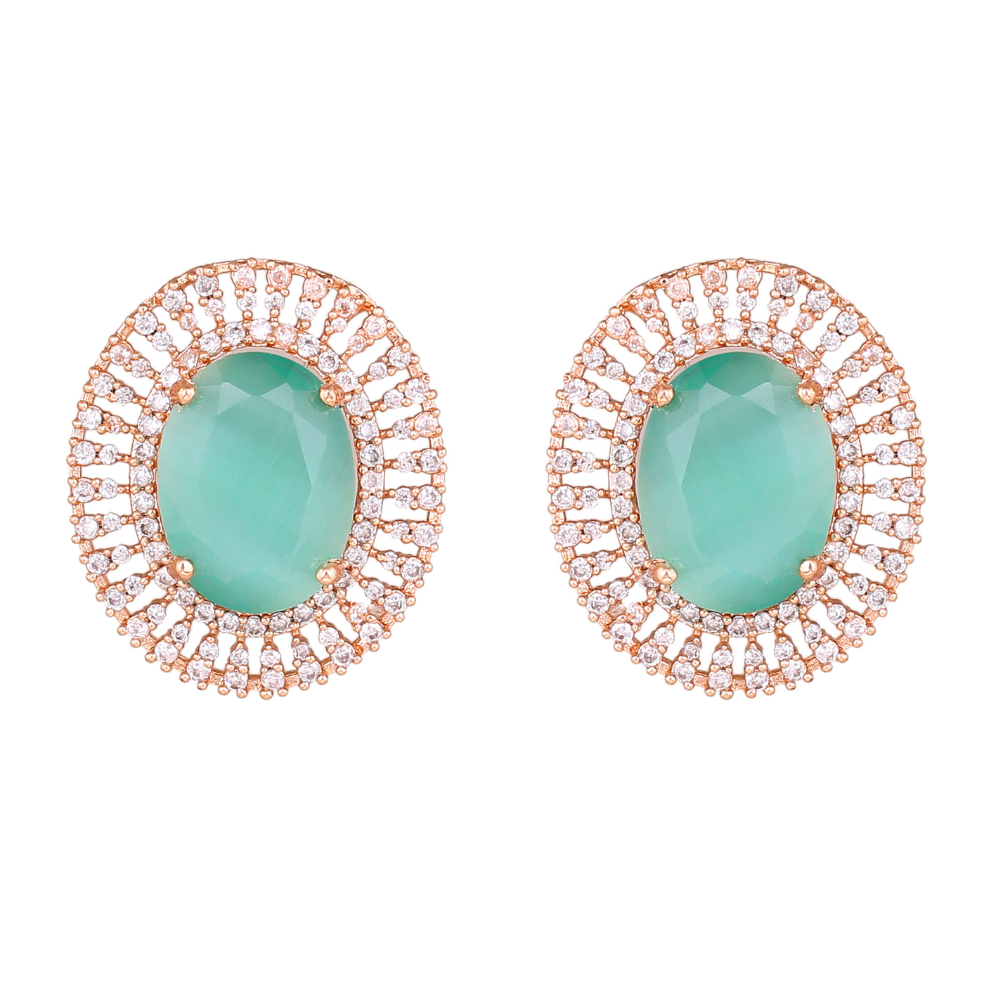 Estele Rose Gold Plated CZ Circular Designer Stud Earrings with Mint Green Stones for Women