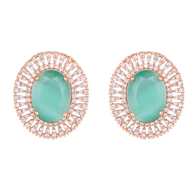 Estele Rose Gold Plated CZ Circular Designer Stud Earrings with Mint Green Stones for Women