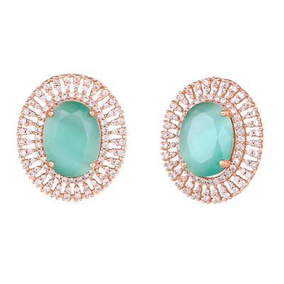 Estele Rose Gold Plated CZ Circular Designer Stud Earrings with Mint Green Stones for Women