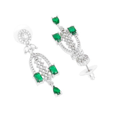 Estele Rhodium Plated CZ Falling Star Designer Earrings with Green Stones for Women