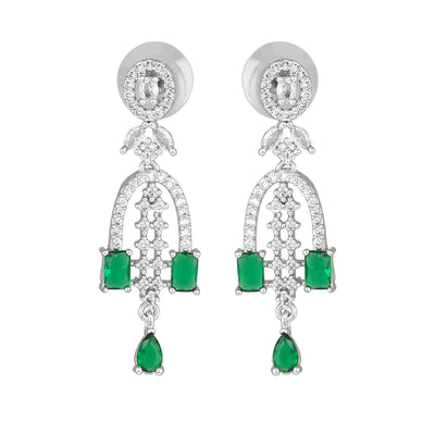 Estele Rhodium Plated CZ Falling Star Designer Earrings with Green Stones for Women