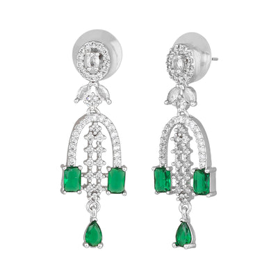 Estele Rhodium Plated CZ Falling Star Designer Earrings with Green Stones for Women