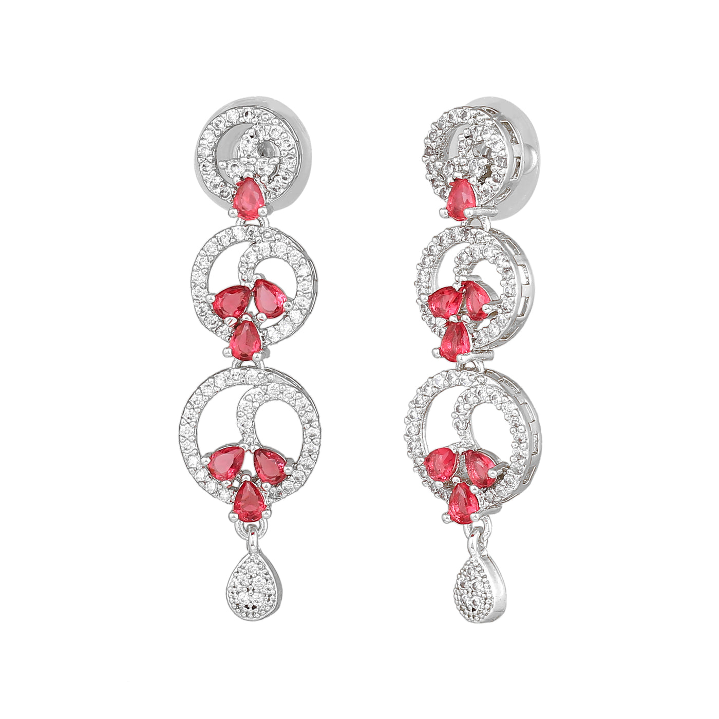 Estele Rhodium Plated CZ Fascinating Earrings with Tourmaline Pink Stones for Women