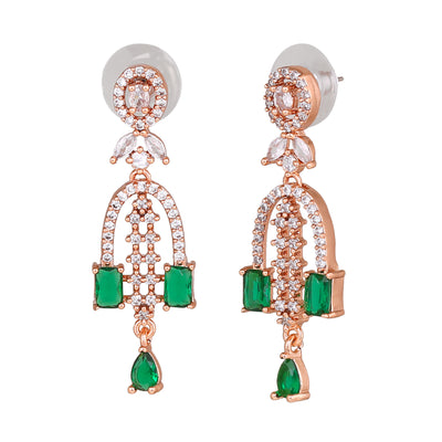 Estele Rose Gold Plated CZ Falling Star Designer Earrings with Green Stones for Women