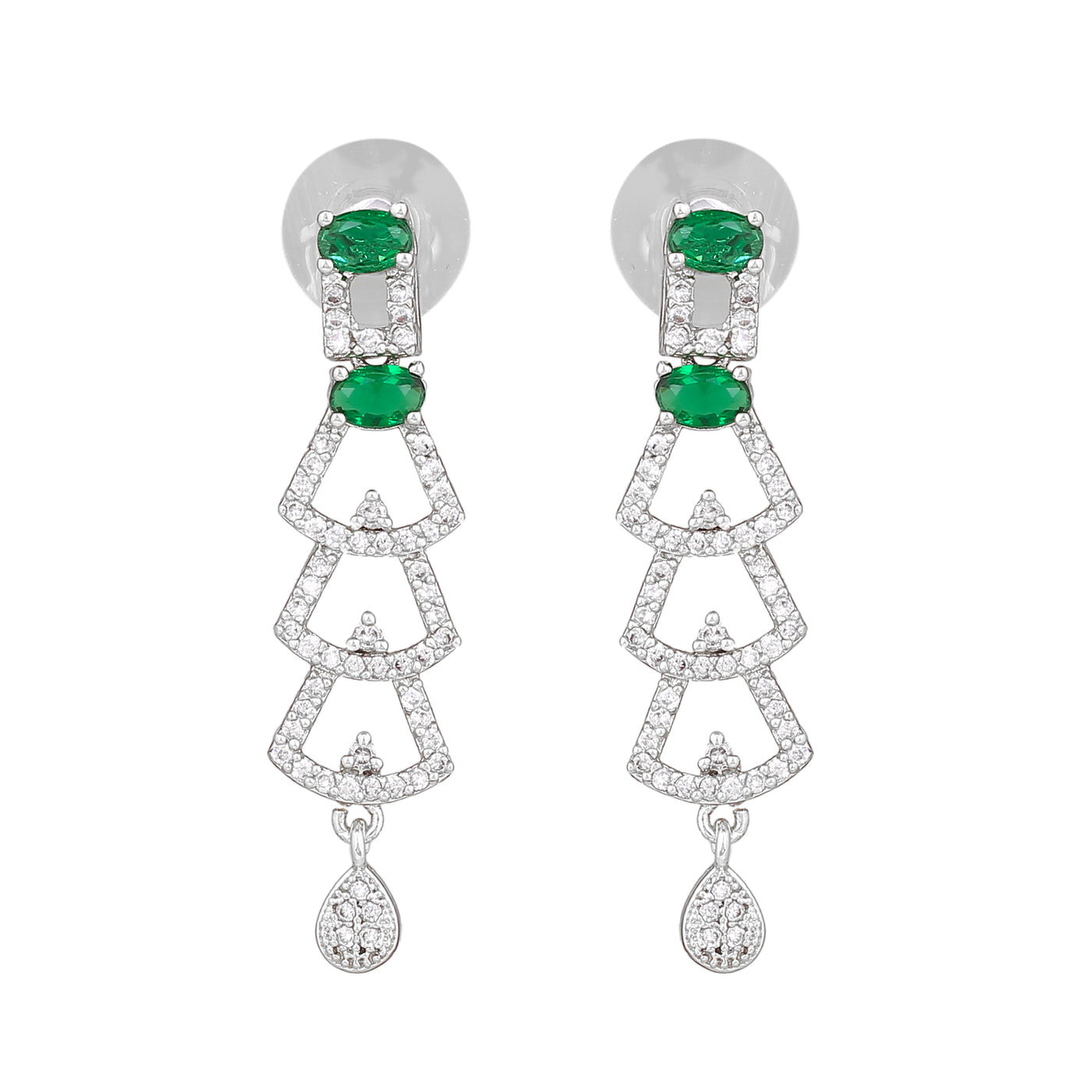 Estele Rhodium Plated CZ Ravishing Drop Earrings with Green Stones for Women