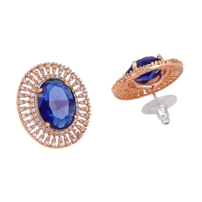 Estele Rose Gold Plated CZ Circular Stud Earrings with Blue Stones for Women