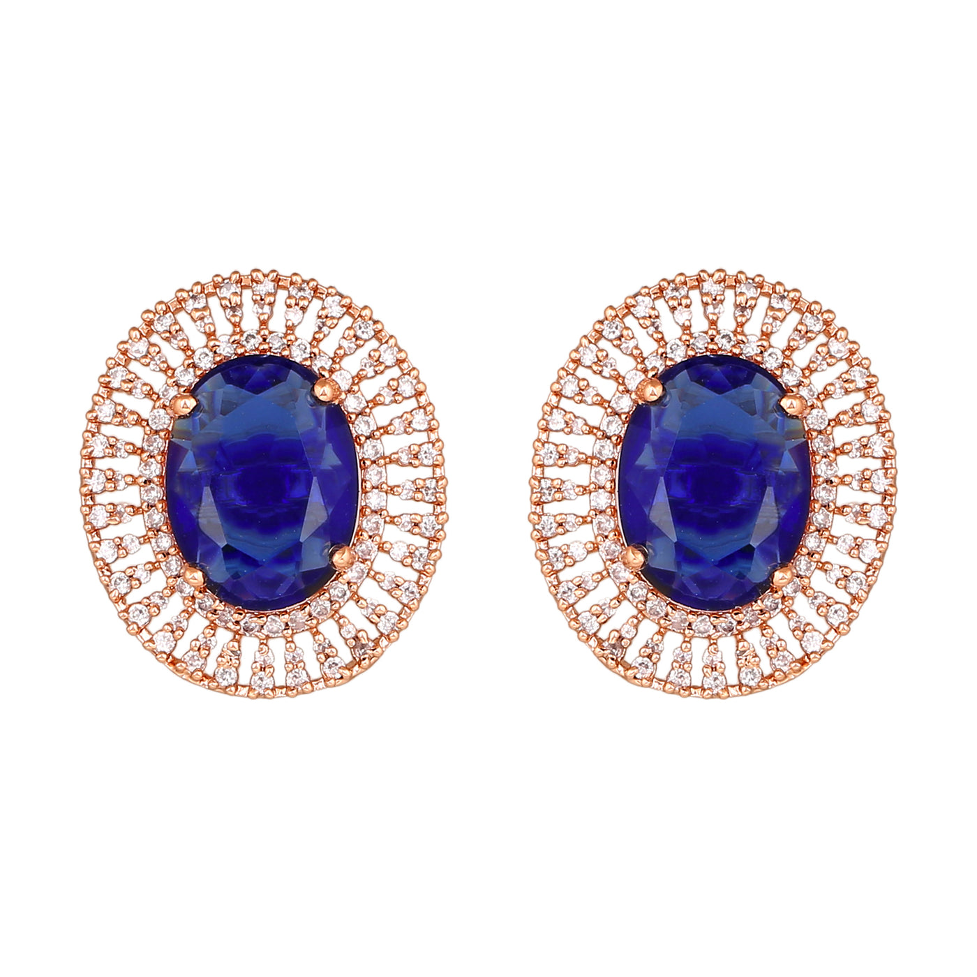 Estele Rose Gold Plated CZ Circular Stud Earrings with Blue Stones for Women