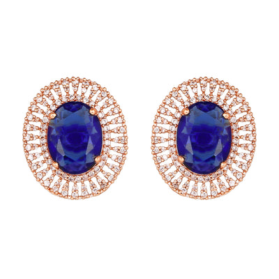 Estele Rose Gold Plated CZ Circular Stud Earrings with Blue Stones for Women