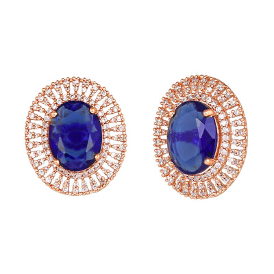 Estele Rose Gold Plated CZ Circular Stud Earrings with Blue Stones for Women