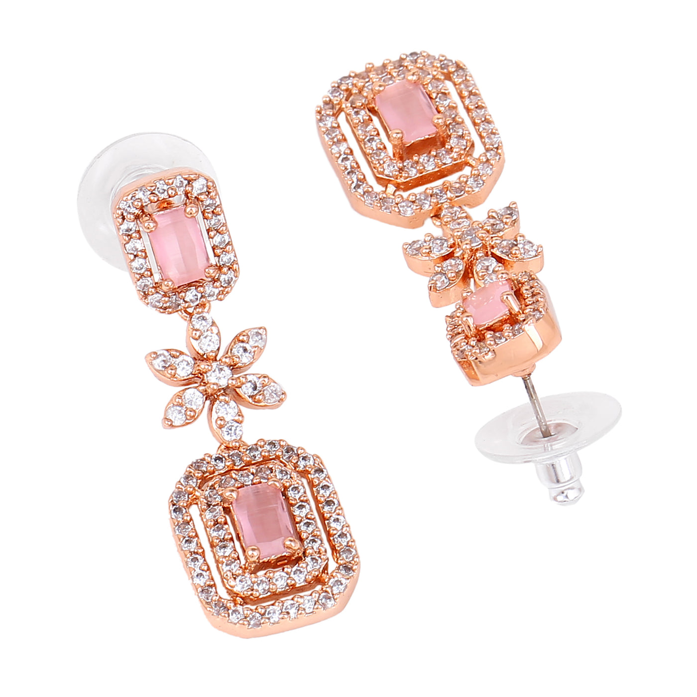 Estele Rose Gold Plated CZ Classic Designer Drop Earrings with Mint Pink Stones for Women