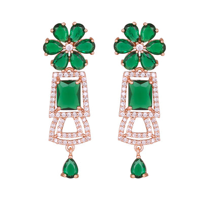 Estele Rose Gold Plated CZ Glimmering Earrings with Green Stones for Women